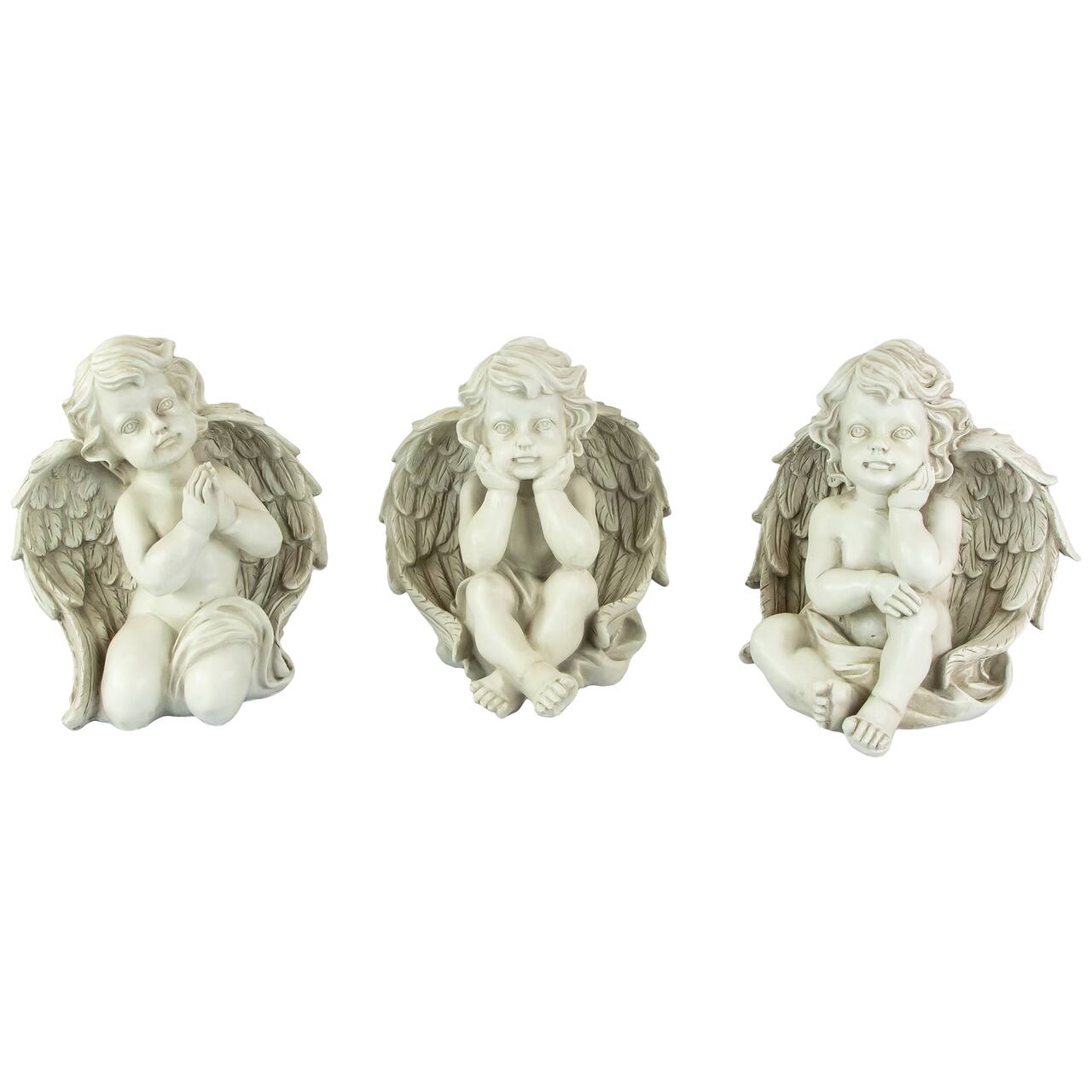 Gray Sitting Cherub Angel Outdoor Garden Statue Set